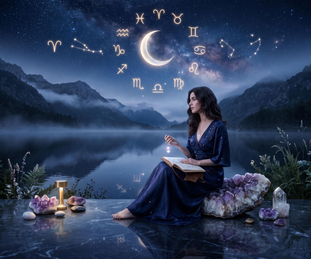 Kobieta siedzi nad jeziorem nocą z otwartą księgą. Nad nią znaki zodiaku i księżyc. O horoskopie przeczytasz na SE.