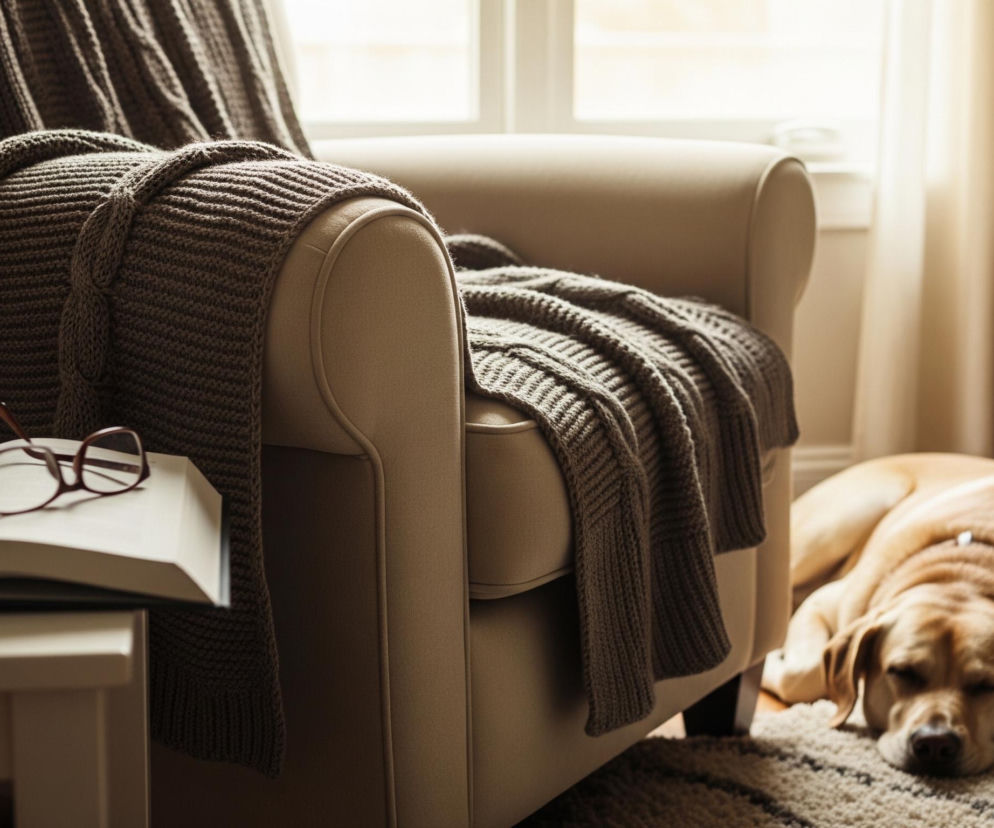 W centralnej części obrazu znajduje się beżowy fotel, przykryty szarym, dzianinowym kocem o grubym splocie. Na małym, białym stoliku obok fotela leży otwarta książka z okularami w brązowych oprawkach, ułożonymi na jej stronach. Po prawej stronie, na beżowym dywaniku o nieregularnym, ciemnym wzorze, śpi jasnobrązowy pies o krótkiej sierści, z głową opartą na przednich łapach. W tle widoczne jest duże okno z jasnymi zasłonami, wpuszczające do pomieszczenia naturalne światło.