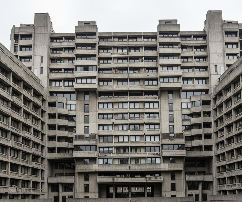 Wielki, szary, betonowy budynek mieszkalny o strukturze tarasowej i modułowej dominuje na zdjęciu, rozciągając się na całą szerokość i wysokość kadru, pod niemal całkowicie białym, zachmurzonym niebem. Fasada budynku składa się z niezliczonych okien, balkonów i otworów, tworząc skomplikowany wzór symetrycznych i asymetrycznych elementów. Centralna część budynku jest najwyższa i najbardziej rozbudowana, z pionowymi elementami przypominającymi wieże, flankowanymi przez niższe skrzydła, które cofają się w stronę boków obrazu. Całość tworzy wrażenie potężnej, geometrycznej konstrukcji.