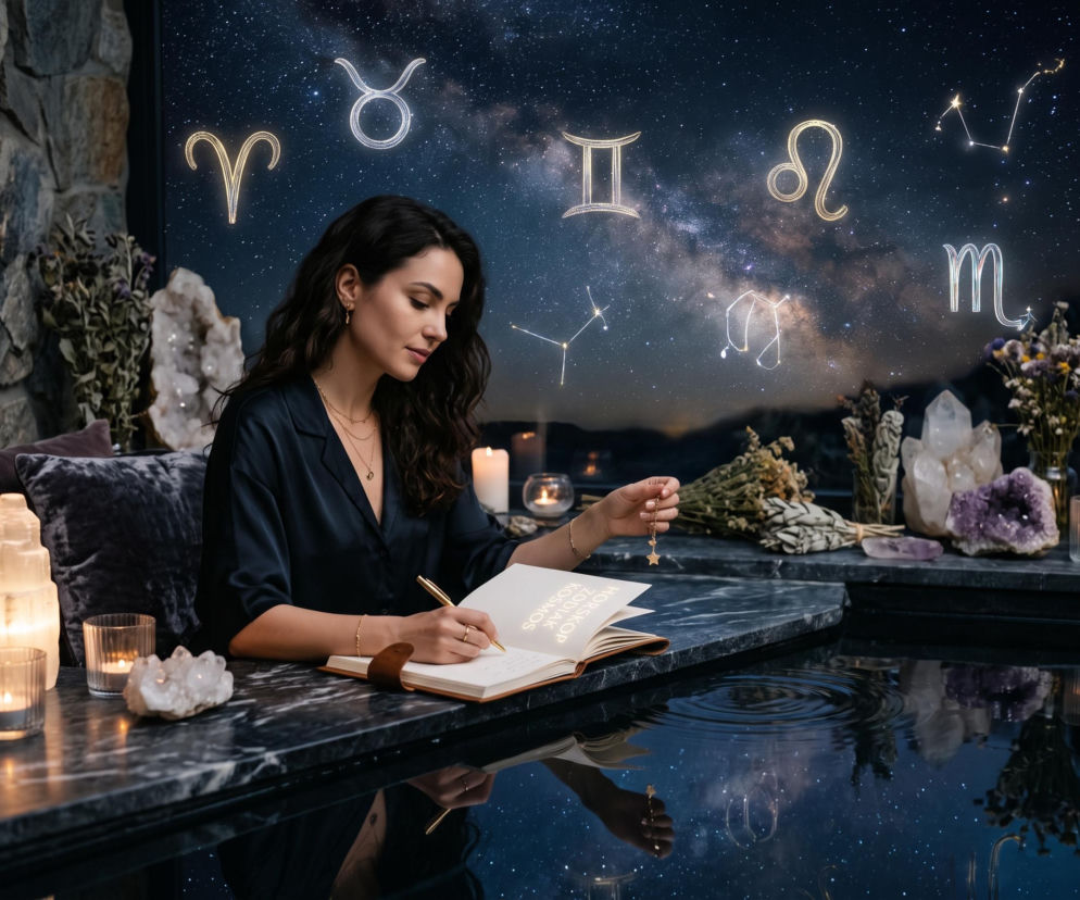 Kobieta pisząca w notesie przy świecach. W tle niebo z konstelacjami zodiaku. O horoskopie dziennym przeczytasz na SE.