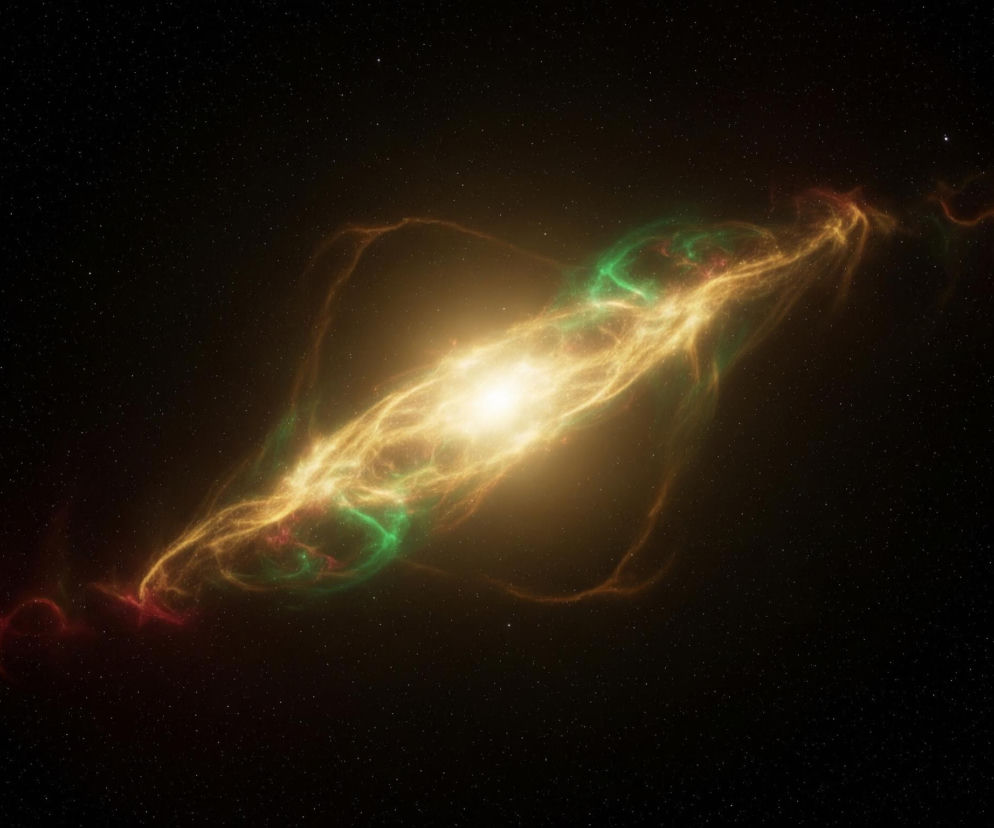 Centralny punkt to jasna, świetlista kula w odcieniach intensywnej bieli i żółci, otoczona rozciągającymi się z niej pasmami mgławicy. Pasma te, splatając się i zakręcając, tworzą wydłużony kształt przypominający elipsę, dominującą w centrum obrazu. W obrębie tej struktury widoczne są fragmenty w kolorze zielonym i czerwonym, przeplatające się z dominującymi odcieniami żółtego i pomarańczowego. Całość osadzona jest na ciemnym, granatowo-czarnym tle, gęsto usianym drobnymi, białymi punktami, symbolizującymi gwiazdy.