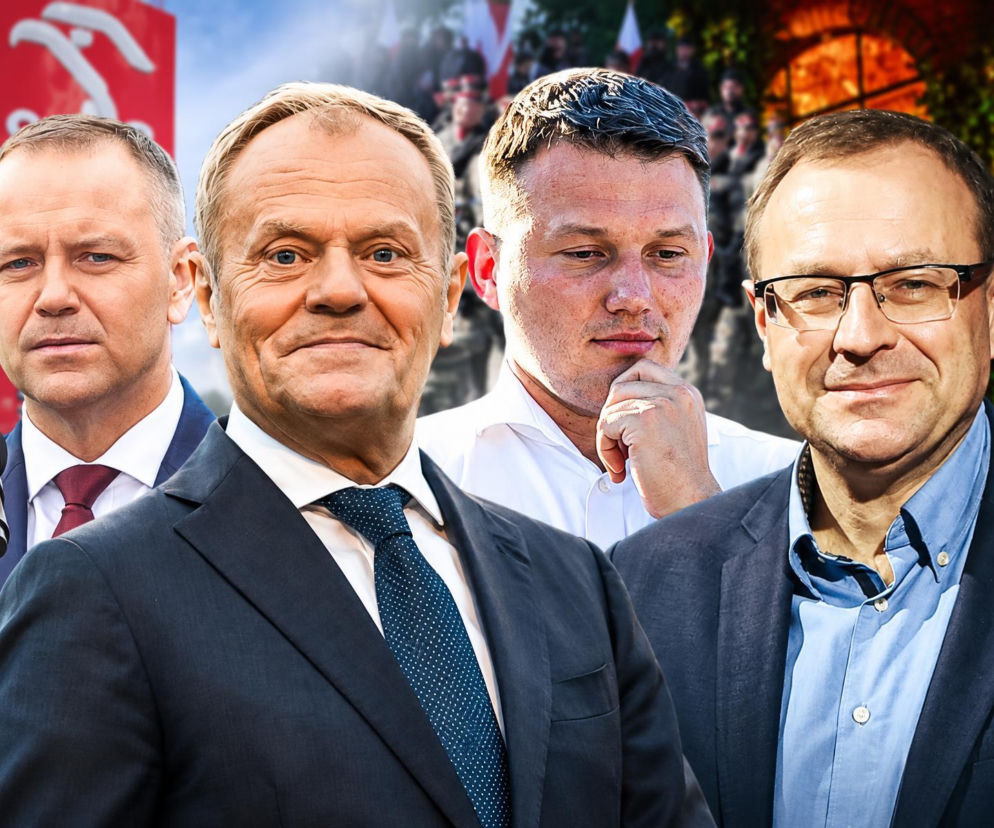 Premier Donald Tusk, Karol Nawrocki, Sławomir Mentzen i Antoni Dudek. O politycznym sporze przeczytasz na SE Polityka.