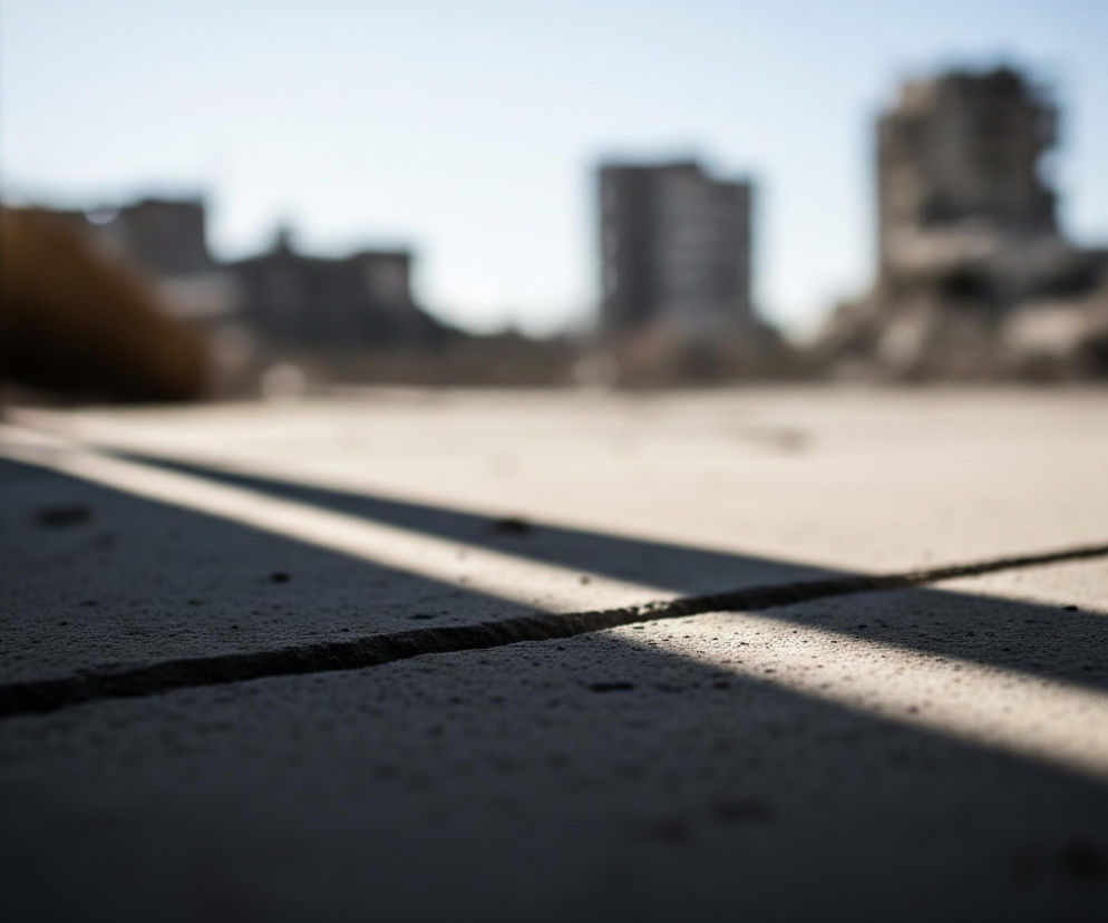 Teksturowana, betonowa powierzchnia znajduje się na pierwszym planie, z wyraźnym, poziomym pęknięciem lub fugą przebiegającą przez środek kadru. Część tej powierzchni jest zacieniona, a część oświetlona silnym światłem, tworzącym ostre, ukośne cienie. W tle widoczne są rozmyte kontury budynków, niektóre wyglądające na zniszczone, pod jasnym, nieco zamglonym niebem.