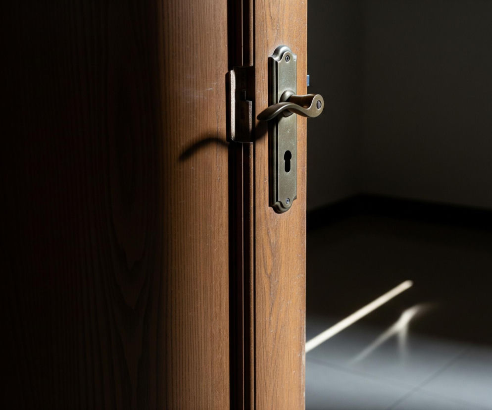 W centrum zdjęcia znajduje się lekko uchylone, drewniane skrzydło drzwi w kolorze jasnobrązowym, ukazujące wyraźne słoje drewna. Na krawędzi drzwi zamontowana jest mosiężna klamka i szyld z otworem na klucz, rzucające długi, zakrzywiony cień na powierzchnię drzwi. Po lewej stronie panuje głęboki cień, podczas gdy prawa strona, za uchylonymi drzwiami, ukazuje ciemne wnętrze pomieszczenia z kafelkową podłogą, na której widać jasne pasma światła, tworzące ukośny wzór.