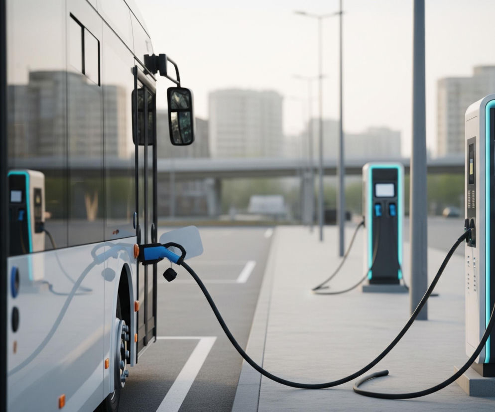 Bok białego autobusu, zaparkowanego na chodniku, podłączonego grubym czarnym kablem do stacji ładowania pojazdów elektrycznych. Stacja ładowania jest biało-czarna, z jasnoturkusowym podświetleniem na krawędziach i ma dwa niebiesko-czarne złącza. W tle widać budynki miejskie oraz dodatkowe stacje ładowania.