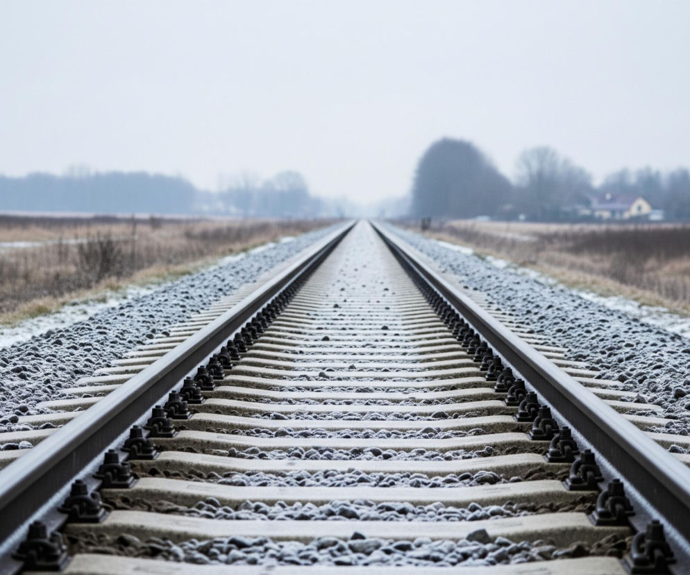 Dwa tory kolejowe, zbudowane z metalowych szyn i betonowych podkładów, biegną równolegle przez środek kadru, zbiegając się w odległym punkcie. Szyny i podkłady są częściowo pokryte cienką warstwą szronu lub śniegu, podobnie jak otaczające je drobne kamienie. Po obu stronach torów rozciągają się pola z suchą, brązową trawą, miejscami widoczne są ślady śniegu. W tle widoczny jest pas drzew o ciemnych, nagich konarach oraz kilka budynków o jasnych ścianach i czerwonych dachach, wszystko lekko rozmyte przez mgłę lub odległość, pod szarym, bezchmurnym niebem.