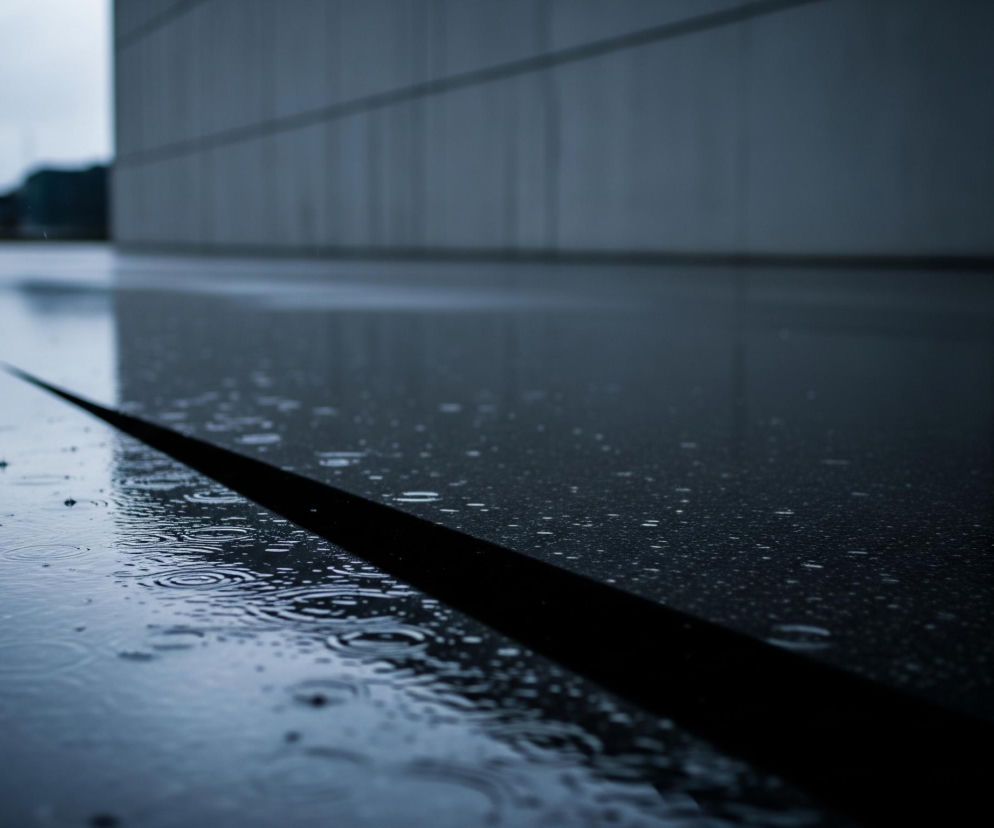 Rozległa, ciemna powierzchnia odbija światło, tworząc efekt mokrej podłogi lub kałuży. Przez środek kadru, od lewej dolnej krawędzi do prawego górnego rogu, biegnie ukośna, ciemna linia, dzieląc powierzchnię na dwie części. Po lewej stronie linii widoczne są liczne okrągłe kręgi na wodzie, świadczące o padającym deszczu, a także pojedyncze kropelki. Prawa strona linii pokryta jest drobnymi, błyszczącymi kroplami wody. W tle, częściowo rozmyte, znajduje się jasnoszary budynek z poziomymi liniami. Nad budynkiem widać szare, zachmurzone niebo.