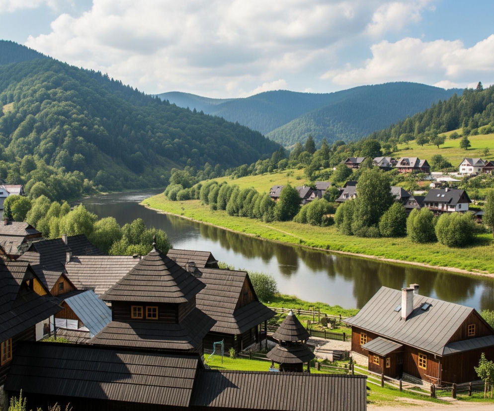 Górski krajobraz przedstawia malowniczą dolinę rzeki otoczoną zalesionymi wzniesieniami i pagórkami pokrytymi zieloną trawą. Wzdłuż rzeki i na stokach gór rozmieszczone są liczne domy z ciemnymi, spadzistymi dachami, niektóre z nich posiadają okna w drewnianych ramach. Nad doliną rozciąga się niebo z białymi, puszystymi chmurami.