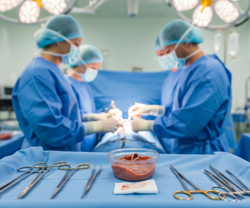 Na pierwszym planie, na niebieskim chirurgicznym obrusie, leży kilka srebrnych narzędzi chirurgicznych, takich jak nożyczki i kleszcze, oraz przeźroczysta miseczka z brązowoczerwoną substancją i kawałkiem tkanki. W tle, cztery rozmazane postacie w niebieskich strojach chirurgicznych i maskach, wykonują operację na pacjencie, którego część ciała jest widoczna między nimi. Jasne, okrągłe lampy operacyjne oświetlają scenę, a tło wypełniają medyczne urządzenia i jasne ściany sali operacyjnej.