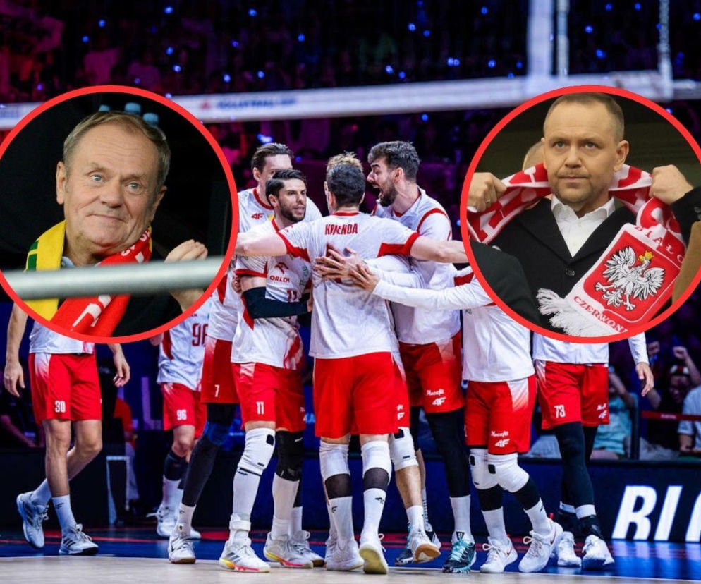 Cieszący się siatkarze. Na miniaturach Donald Tusk i Karol Nawrocki. O kłótni po gratulacjach przeczytasz na SE.