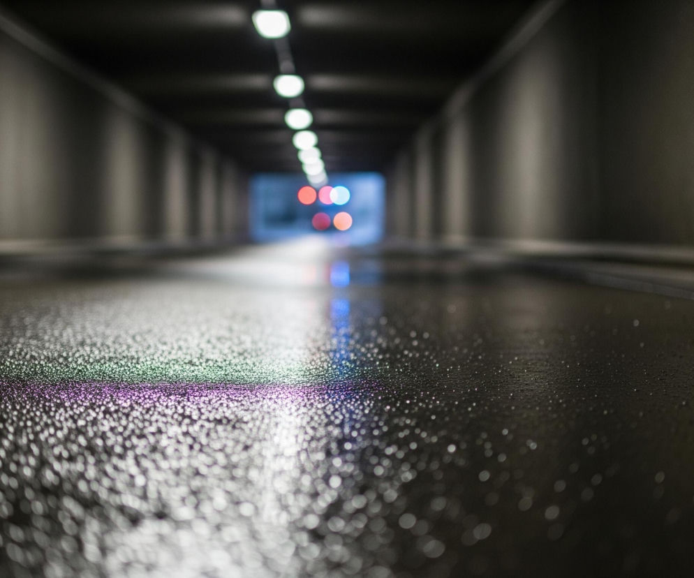 Ulica w tunelu jest pokryta drobnymi kroplami wody, odbijającymi różowe, zielone i niebieskie światło w oddali. Długi, ciemny tunel ma betonowe ściany i czarny sufit, z rzędem jasnych, okrągłych lamp zwisających. Na końcu tunelu widać rozmyte, czerwone i niebieskie światła.