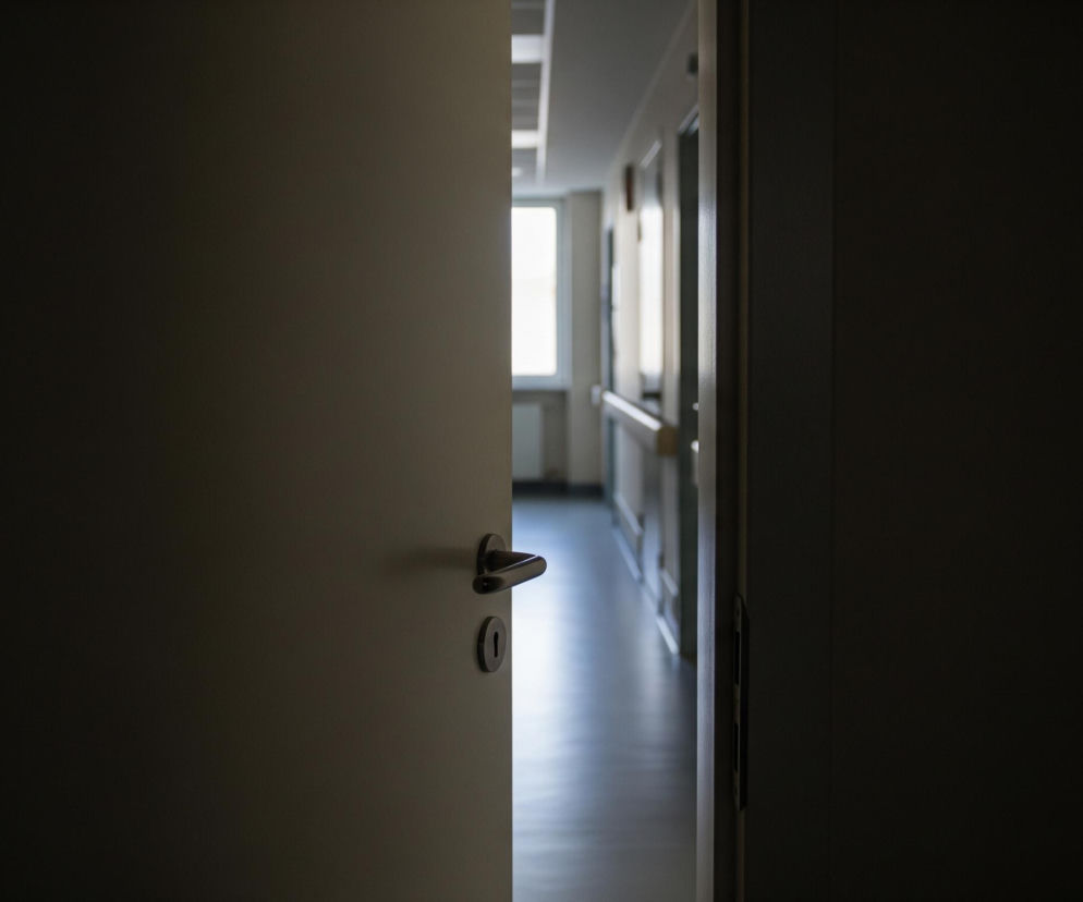 Na pierwszym planie, z lewej strony, widoczne są otwarte, jasne drzwi z metalową klamką i zamkiem, częściowo zacienione. Za drzwiami rozciąga się długi korytarz, który wydaje się być jasny w dalszej części, z wyraźnie widocznym oknem na jego końcu, emitującym jasne światło. Na ścianie korytarza po prawej stronie znajduje się poręcz. Prawa strona obrazu oraz górne i dolne partie lewej strony są znacznie ciemniejsze, pogrążone w cieniu, co kontrastuje z oświetlonym korytarzem.