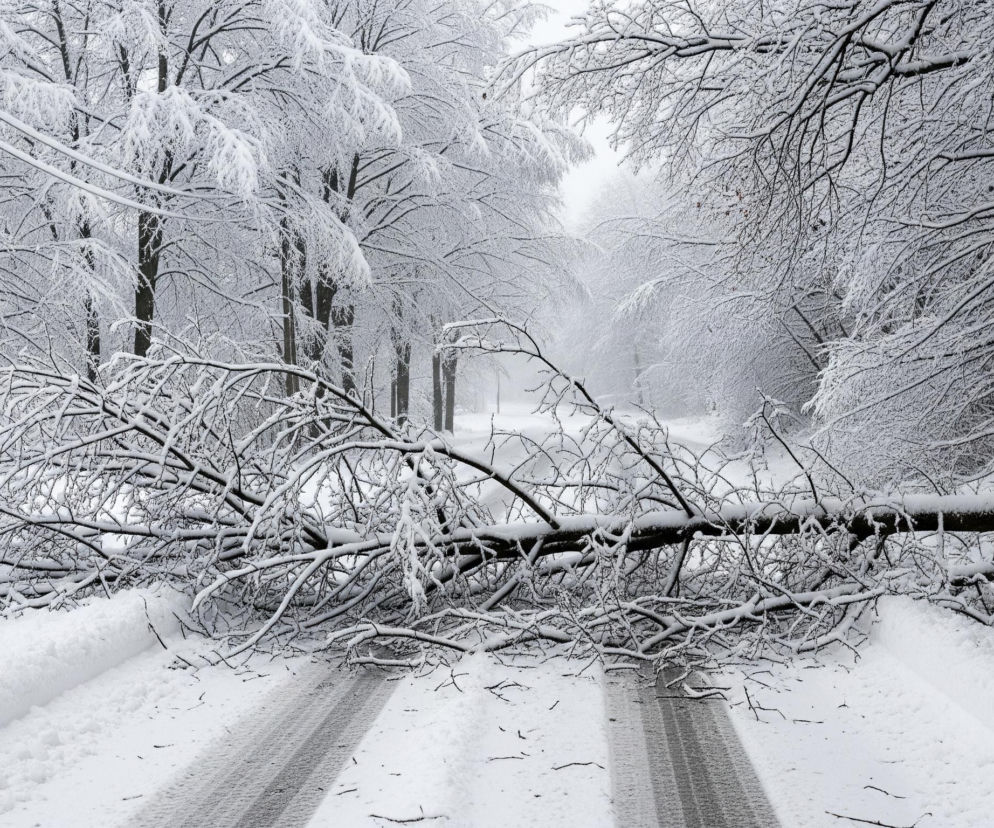 Śnieg pokrywa gęsto drogę i otaczający ją krajobraz, dominując w całej kompozycji. Na pierwszym planie, w poprzek drogi, leży obalone, zaśnieżone drzewo z wieloma gałęziami, tworząc naturalną blokadę. Droga, lekko szara pod warstwą śniegu, ukazuje ślady opon w postaci dwóch równoległych, ciemniejszych pasów, prowadzących w głąb obrazu. Po obu stronach drogi i w tle widać liczne drzewa, których gałęzie są całkowicie oblepione śniegiem, tworząc białe, delikatne korony. Niebo jest jasne i jednolite, harmonizujące z zimowym pejzażem.