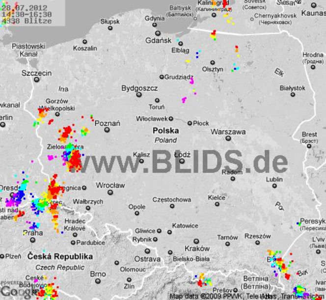 Burze w Polsce, 28.07.2012 - MAPA z godz. 14.30-16.30