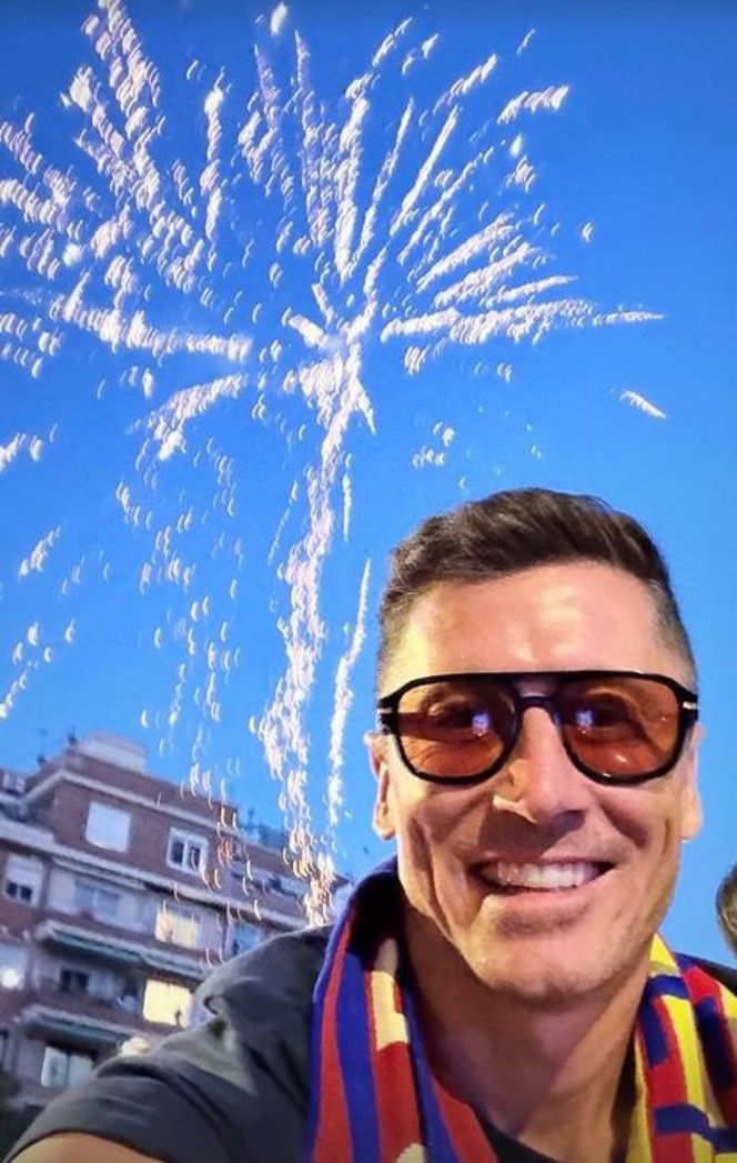 Robert Lewandowski i Wojciech Szczęsny na fecie Barcelony