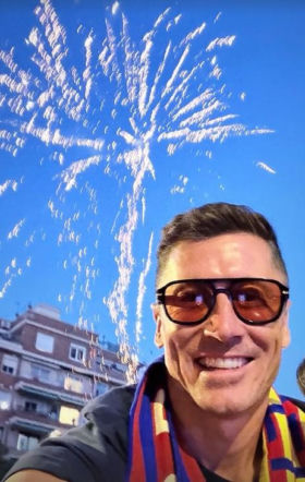 Robert Lewandowski i Wojciech Szczęsny na fecie Barcelony