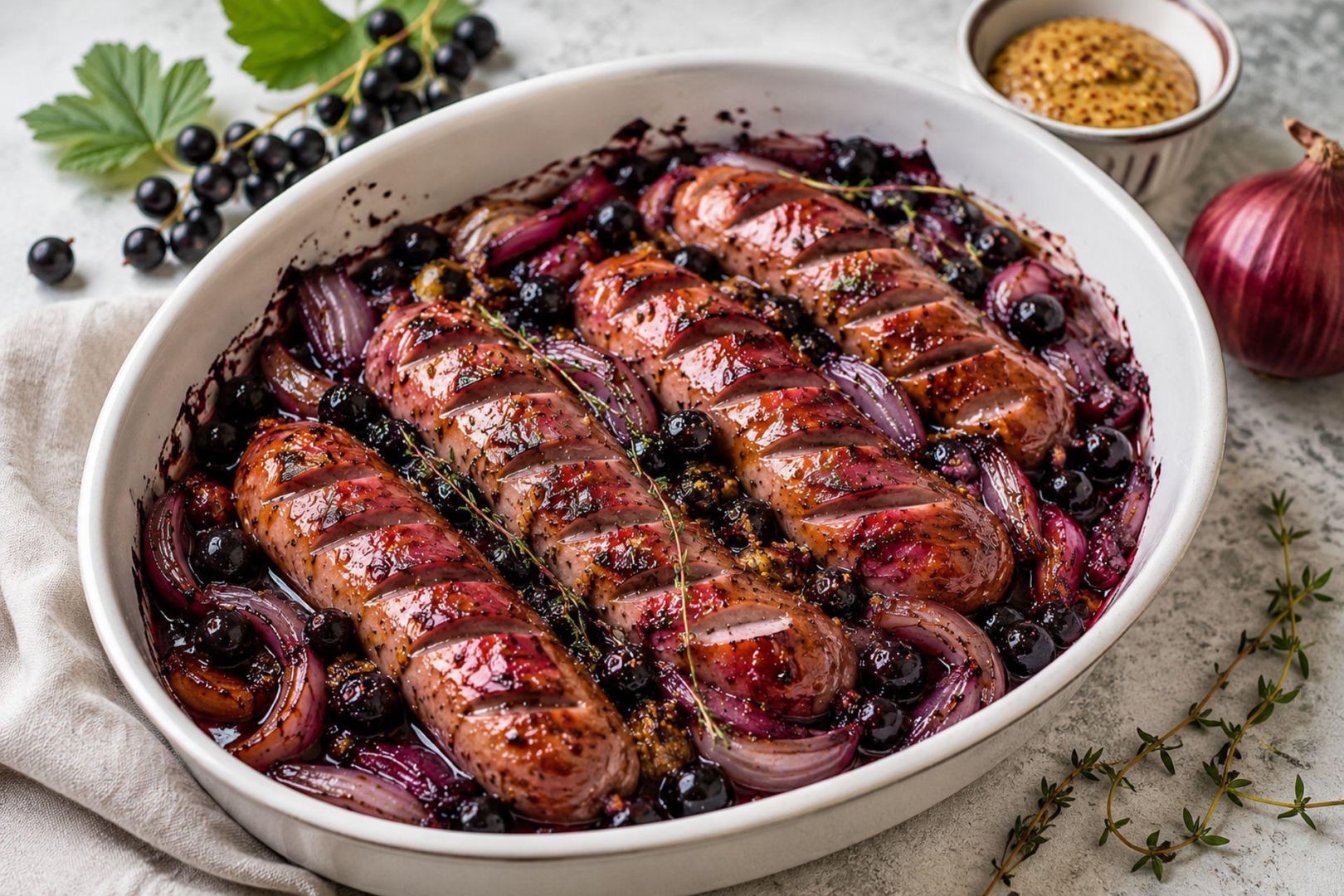 Pieczona kiełbasa z czarnymi porzeczkami i cebulą. Kwaśny sos robi tu całą robotę