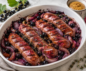 Pieczona kiełbasa z czarnymi porzeczkami i cebulą. Kwaśny sos robi tu całą robotę