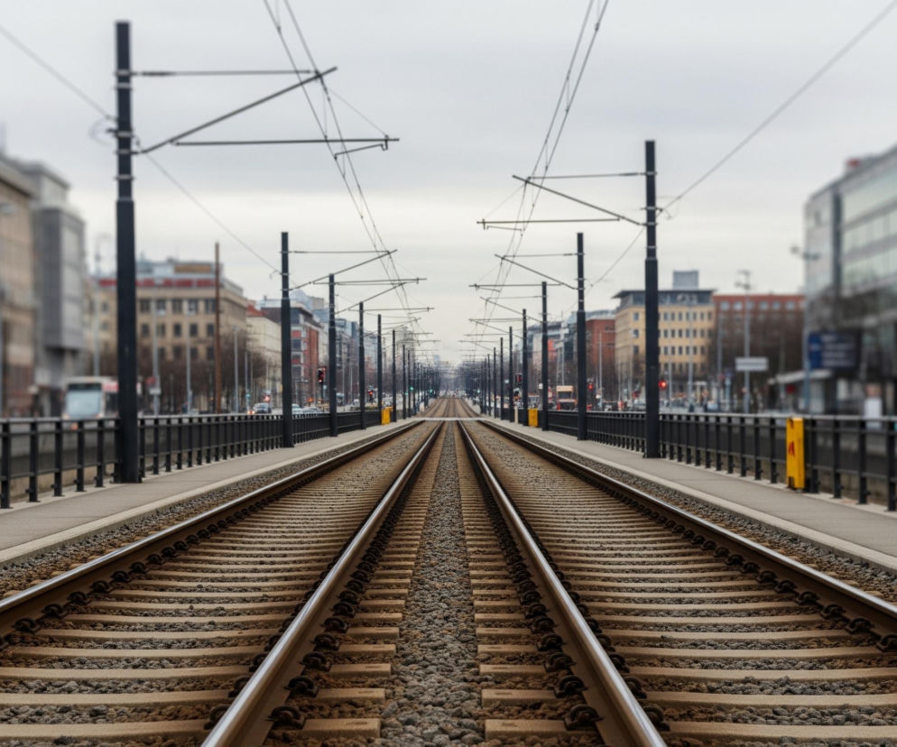 Na pierwszym planie widoczne są dwa tory tramwajowe, biegnące równolegle do siebie i zbiegające się w oddali, tworząc perspektywę. Tory ułożone są na drewnianych podkładach i żwirze, a po ich bokach rozciąga się betonowy chodnik, odgrodzony czarną metalową balustradą. Nad torami widać liczne ciemne słupy z rozciągniętymi nad nimi przewodami trakcyjnymi. Po obu stronach torów i balustrad, w tle, znajdują się rozmyte miejskie budynki o różnych wysokościach i kolorach, z oknami i elementami architektonicznymi. Niebo jest jasne i zachmurzone, dominują odcienie szarości.