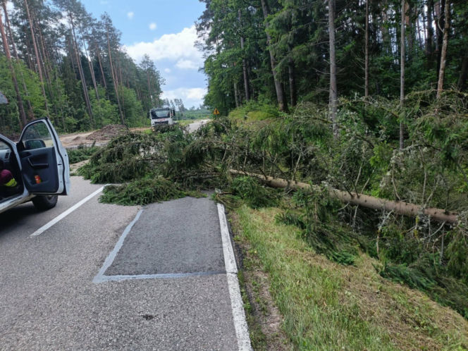 Drzewa na drogach i budynkach. Zniszczone namioty harcerzy. Walka z żywiołem  na Warmii i Mazurach