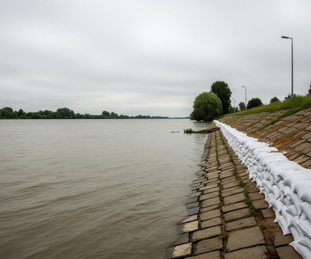 Na zdjęciu dominują szare niebo i mętna woda, która rozciąga się od lewej dolnej części kadru aż do horyzontu. Wzdłuż prawego brzegu rzeki biegnie wał umocniony betonowymi płytami, a nad nim wznosi się zielona trawiasta skarpa z kilkoma drzewami i latarniami ulicznymi. Wzdłuż umocnienia, na styku z wodą, widać ułożone rzędy białych worków z piaskiem, tworzących tymczasową barierę.