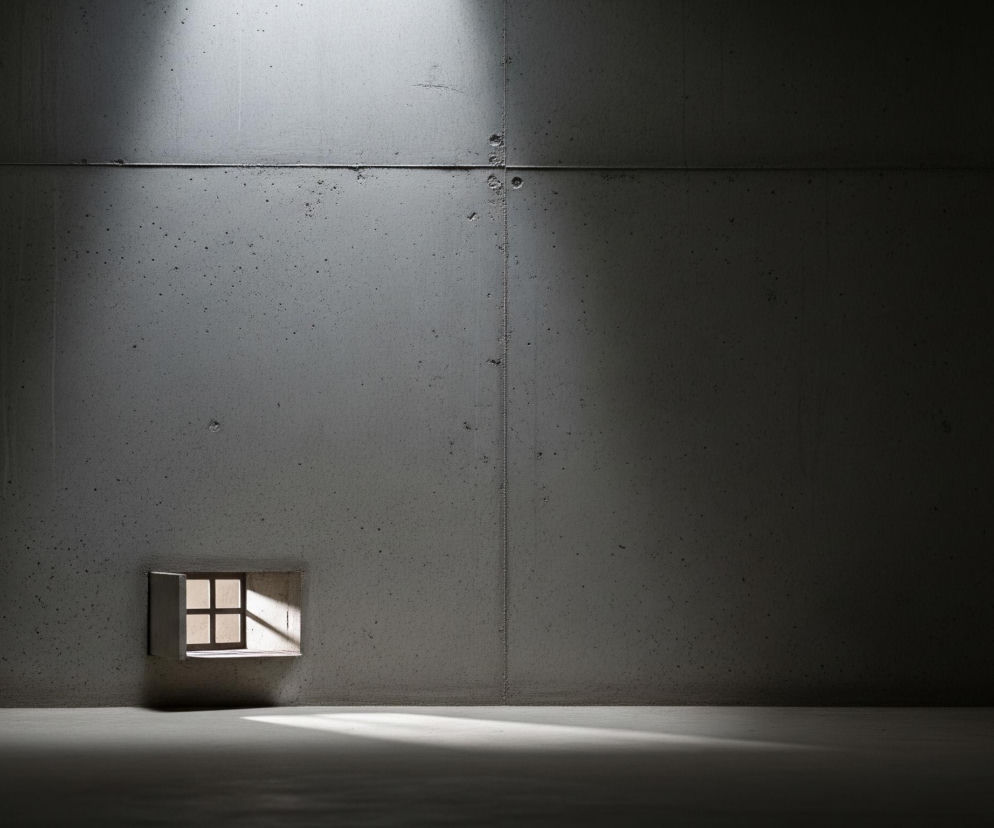 Pusta, surowa przestrzeń z betonowymi ścianami i podłogą jest oświetlona dwoma smugami światła. Główna smuga światła pada z góry, tworząc jasny obszar na górnej części lewej ściany oraz rozciągający się cień na podłodze. Na środku dolnej części ściany znajduje się małe, otwarte okno z kratami, przez które wpada mniejsze, prostokątne światło. Szarość betonu dominuje, z wyraźnymi łączeniami paneli i drobnymi nierównościami faktury, a obszary poza światłem są pogrążone w głębokim cieniu.