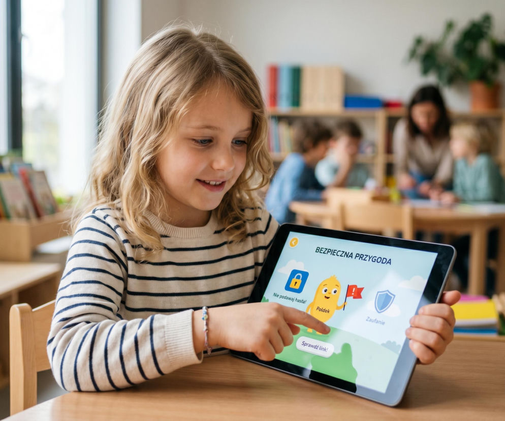 Uśmiechnięta dziewczynka z blond włosami w bluzce w paski, siedząca przy biurku i obsługująca tablet z interfejsem aplikacji Bezpieczna Przygoda, promującej bezpieczeństwo w sieci. Ta ilustracja doskonale pasuje do tematyki codziennych rytuałów, o których przeczytasz na naszym portalu.