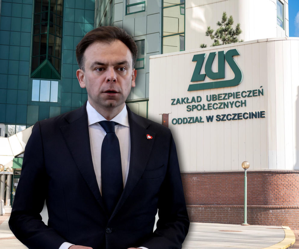 Andrzej Domański na tle budynku ZUS w Szczecinie. O zablokowaniu dodatku 2700 zł dla rencistów przeczytasz na Eska.