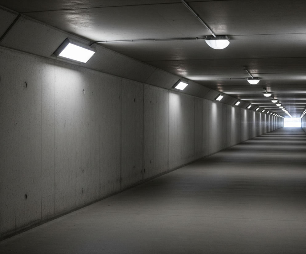 Wąski, betonowy tunel rozciąga się w głąb obrazu, ukazując horyzont jako jasny, biały punkt. Ściany i sufit tunelu są wykonane z surowego, szarego betonu, z widocznymi łączeniami płyt. Wzdłuż sufitu, w regularnych odstępach, rozmieszczone są różne typy lamp: część z nich to płaskie, prostokątne panele świetlne, a inne to półokrągłe oprawy, wszystkie emitujące jasne, białe światło, które oświetla tunel i tworzy wydłużone smugi światła na podłodze. Na suficie widoczne są również cienkie, metalowe rury biegnące równolegle do krawędzi.