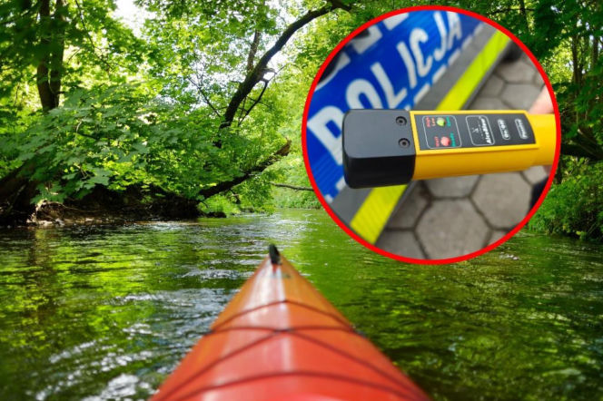 Dziób pomarańczowego kajaka na rzece. Na miniaturze alkomat i radiowóz. O pijanych kajakarzach przeczytasz w Eska Łódź.