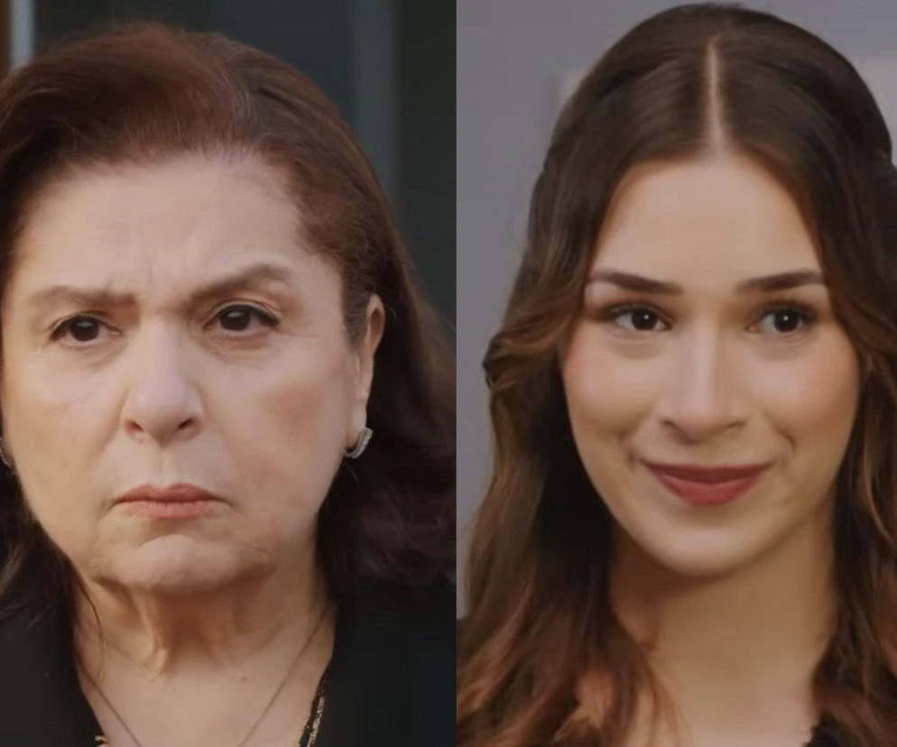 Naciye z groźną miną po lewej i uśmiechnięta Sila po prawej, wyrażające konflikt między postaciami serialu Miłość i nadzieja. Naciye w końcu zgodzi się na ślub Sili i Kuzeya. Więcej o tym na Super Seriale.