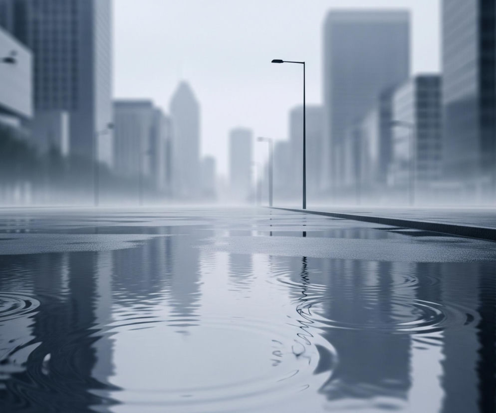 Asfaltowa ulica w mieście po deszczu rozciąga się w głąb kadru, tworząc odbicia miejskiego krajobrazu. Na pierwszym planie widoczne są kałuże z koncentrycznymi kręgami na powierzchni, świadczącymi o padającym deszczu. W tle dominują rozmyte, szare sylwetki wieżowców, ginące w mglistej atmosferze. Czarne słupy latarni ulicznych wznoszą się po obu stronach drogi, z centralnym, wyraźniejszym słupem po prawej stronie, podczas gdy ogólna paleta barw jest chłodna, utrzymana w odcieniach szarości i błękitu.