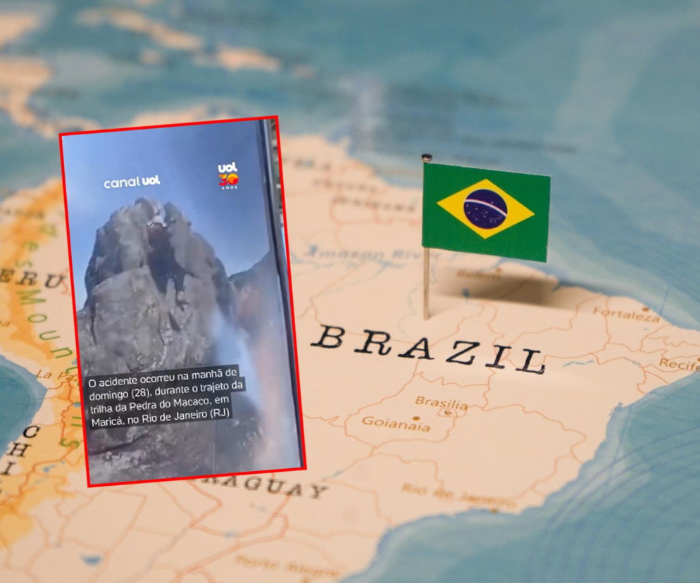 Mapa Brazylii z flagą i nałożonym kadrem z filmu przedstawiającym strome, skaliste zbocze Pedra do Macaco, skąd runął turysta, próbując zrobić zdjęcie. O tragicznych wydarzeniach w Rio de Janeiro przeczytasz więcej na naszym portalu.