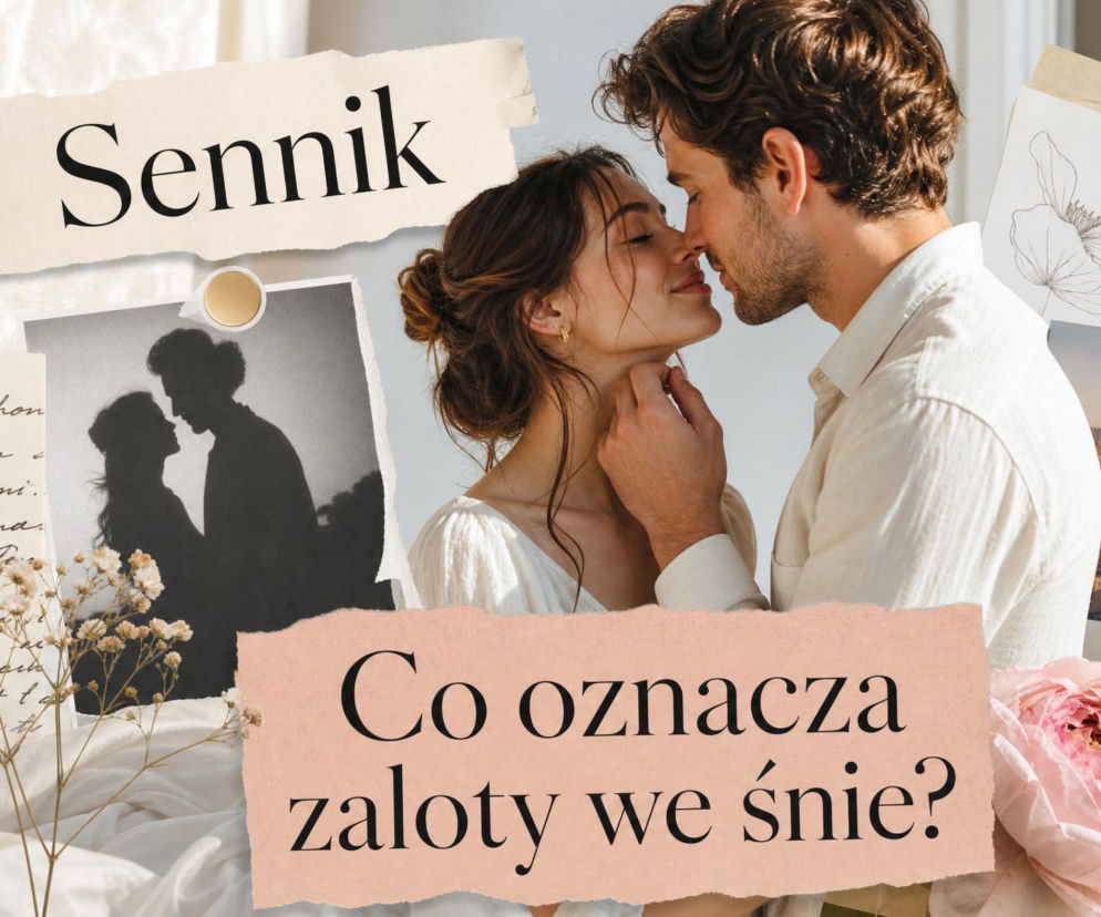 Para w czułym uścisku. Obok grafika z napisem Sennik. O znaczeniu zalotów we śnie przeczytasz na SE.