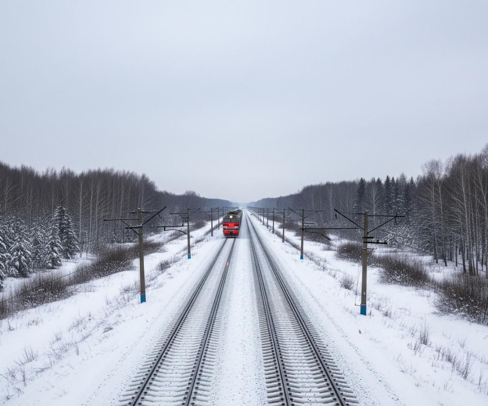Czerwony pociąg towarowy zbliża się po torach kolejowych, biegnących prosto przez zasypany śniegiem zimowy krajobraz. Tory rozciągają się w głąb obrazu, zbiegając się w punkcie, gdzie pociąg wydaje się być nieruchomy lub bardzo powoli się poruszać. Po obu stronach torów widać pokryte śniegiem zarośla i drzewa, z wyraźnym podziałem na iglaste, mocno ośnieżone po lewej stronie i liściaste, pozbawione liści po prawej stronie. Szare niebo zajmuje górną połowę obrazu, kontrastując z bielą śniegu i ciemnymi sylwetkami drzew.