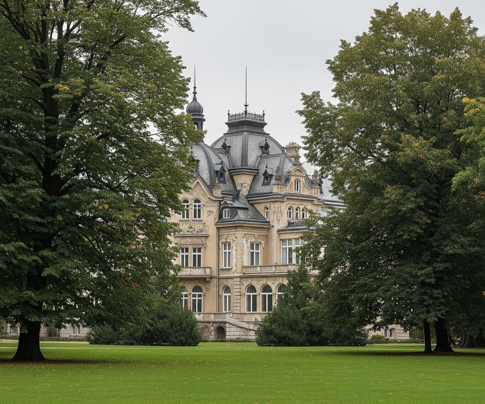 W centrum kadru widać duży, ozdobny budynek w pastelowych odcieniach beżu i szarości, z ciemnym, bogato zdobionym dachem. Budynek posiada liczne okna o białych ramach, balkony oraz zdobienia elewacji, a jego szczyt wieńczą iglice. Po obu stronach budynku rosną wysokie, liściaste drzewa o ciemnozielonych koronach, częściowo przysłaniające jego fasadę. Przed budynkiem rozciąga się równo przystrzyżony, intensywnie zielony trawnik, na którym gdzieniegdzie leżą pojedyncze, żółtawe liście. Nad całym krajobrazem rozciąga się jasne, zachmurzone niebo.