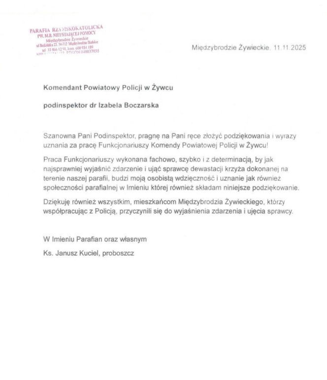 Zniszczył krzyż i ambonę. Został złapany. Podziękowania od księdza