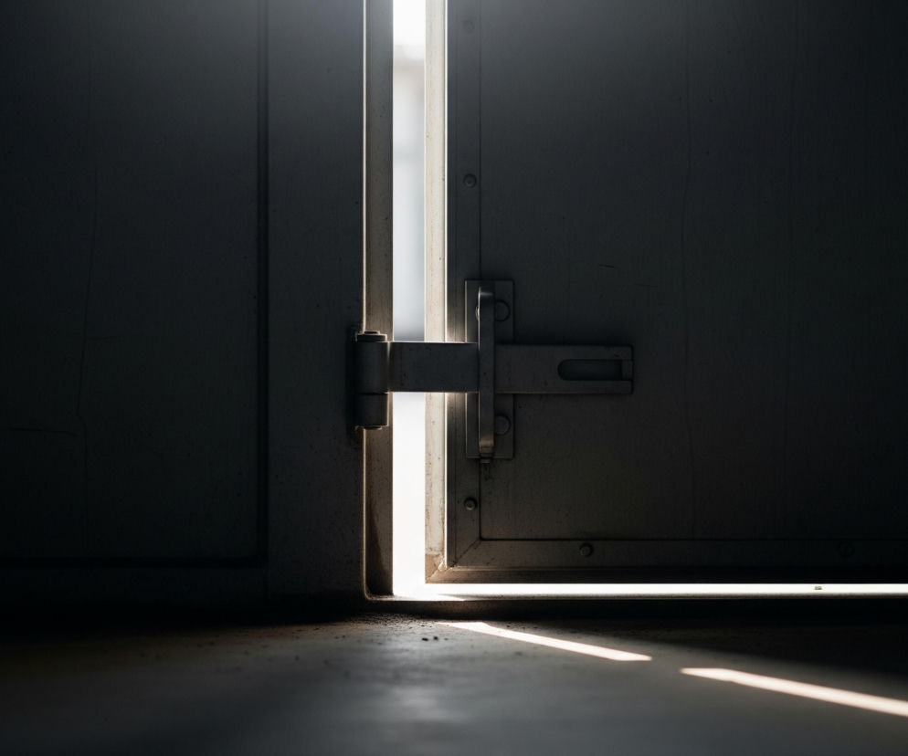 Szczelina otwartych drzwi, z których wpada jasne, białe światło, jest centralnym punktem obrazu. Lewa część drzwi jest ciemniejsza, podczas gdy prawa strona ukazuje kawałek metalowych drzwi z widocznym ryglem i zawiasem, które są również rozjaśnione przez światło wpadające ze szczeliny. Na podłodze widoczne są dwie równoległe smugi jasnego światła, które rozświetlają ciemne, zakurzone podłoże. Całość otacza niemal całkowita ciemność, co kontrastuje z jasnym światłem przechodzącym przez szczelinę i padającym na podłogę.