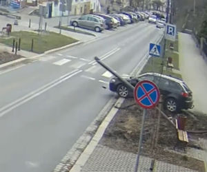 Uderzył w latarnię, ta spadła obok idącej chodnikiem rodziny. Chwile grozy w Zgorzelcu