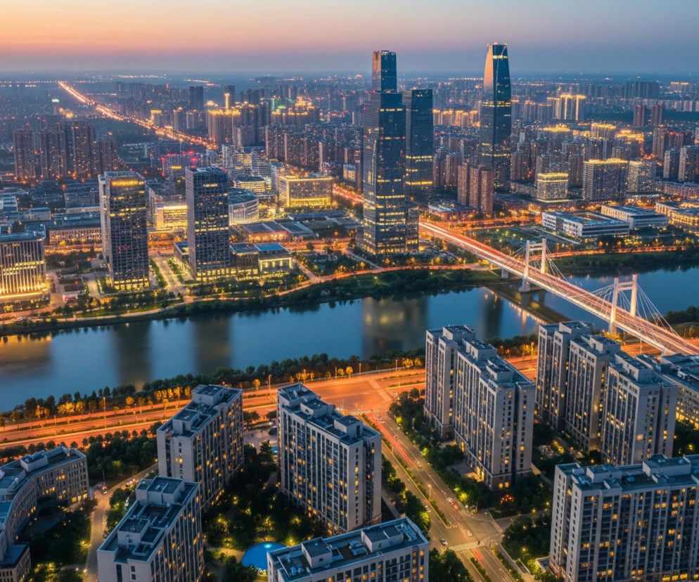 Rozległa panorama miasta o zmierzchu ukazuje gęstą zabudowę miejską z rzeką przecinającą centralną część kadru. Pośrodku obrazu widać długi, podwieszany most o białej konstrukcji, którego jasne światła tworzą smugi świetlne na ciemnej tafli wody i na jezdniach, symbolizując ruch pojazdów. W oddali, na horyzoncie, dominują dwa wysokie wieżowce z jasnymi fasadami, otoczone licznymi mniejszymi budynkami, z których wiele ma jasno oświetlone okna. Prawa i lewa strona zdjęcia przedstawiają intensywnie oświetlone autostrady, których pasy światła tworzą dynamiczne linie, kontrastujące z ciemniejącym, pomarańczowo-niebieskim niebem.