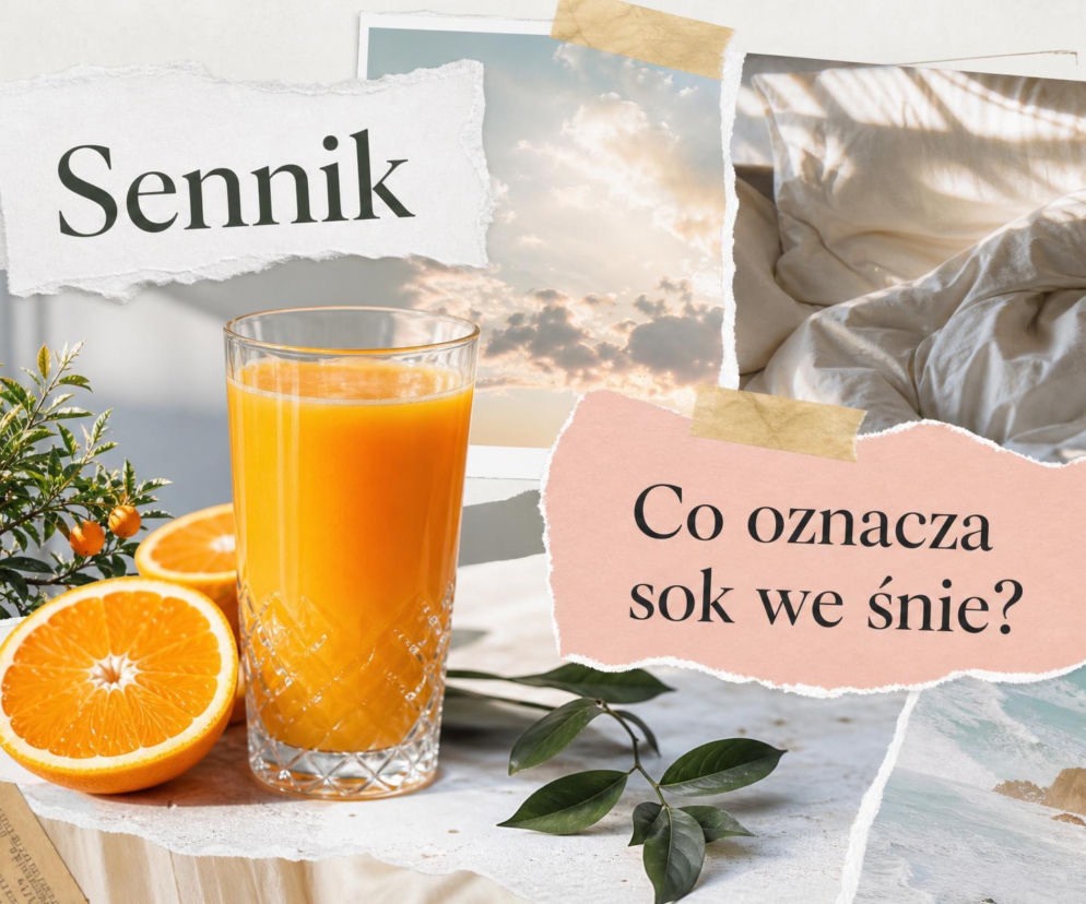 Szklanka soku pomarańczowego obok owoców. W tle miniatury z niebem i pościelą. O snach przeczytasz na SE.