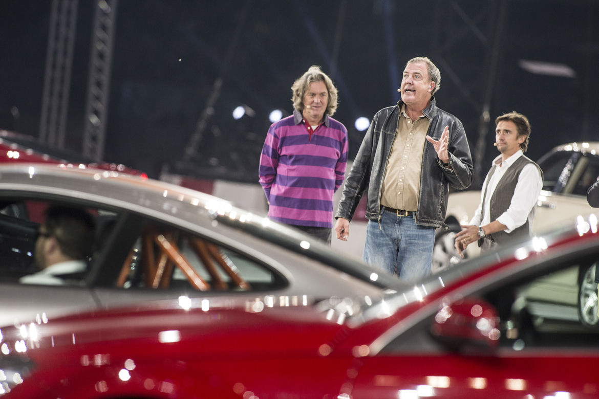 Prowadzący Jeremy Clarkson, Richard Hammond i James May podczas show w Warszawie w 2013 r.