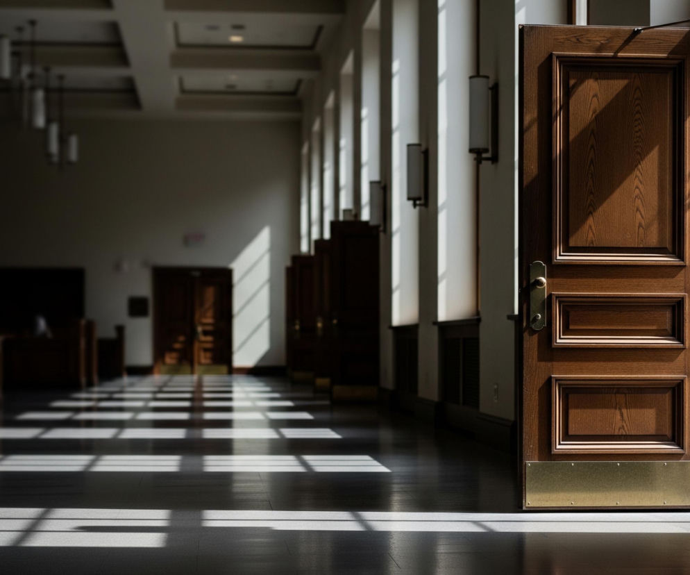 Brązowe, drewniane drzwi z elementami ramowymi są uchylone w prawym kadrze, ukazując jasne wnętrze. Jasne światło słoneczne, padające z prawej strony, tworzy wyraźne pasma i prostokąty na ciemnej, błyszczącej podłodze, ciągnące się w głąb długiego korytarza. Po lewej stronie korytarza widoczne są ściany z podłużnymi, pionowymi oknami, pomiędzy którymi znajdują się ciemne lampy ścienne. Na dalszym planie korytarz staje się ciemniejszy i mniej szczegółowy, widoczne są kolejne drzwi oraz ciemne meble.
