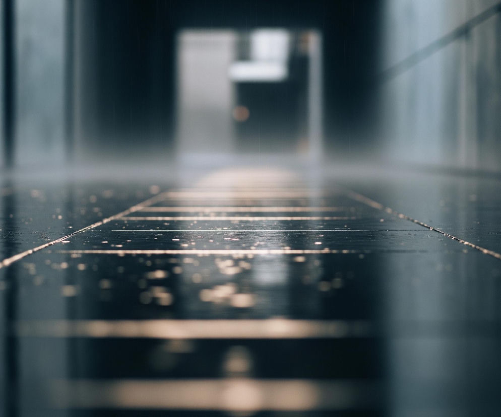 Ciemny, podłużny korytarz ukazuje błyszczącą, mokrą podłogę z jasnymi spoinami, które tworzą siatkę. Na powierzchni podłogi odbija się rozmyte światło, tworząc liczne, jasne plamki. Ściany korytarza, utrzymane w odcieniach szarości i granatu, zbiegają się ku oddalonemu, rozświetlonemu prostokątnemu przejściu, które jest mocno rozmyte. Pionowe smugi widoczne na ciemniejszych partiach ścian sugerują padający deszcz.