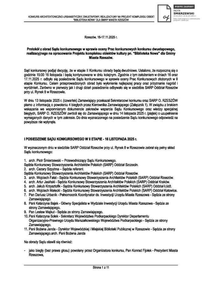 Protokół z II etapu konkursu na Bibliotekę Nową w Rzeszowie