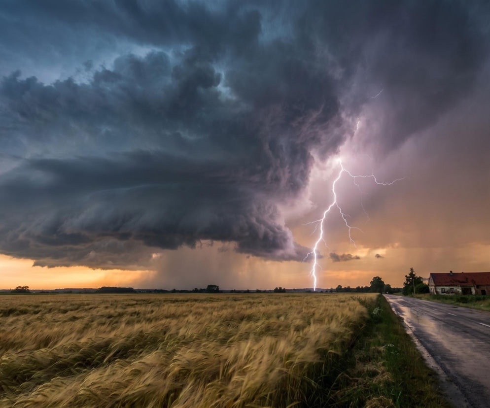 Gwałtowna burza z potężnym wyładowaniem atmosferycznym uderzającym w otwartą przestrzeń pola zbożowego, oświetlającym ciemne chmury burzowe i deszcz nad wsią z drogą oraz budynkiem. Więcej informacji o burzach nad Polską na naszym portalu.