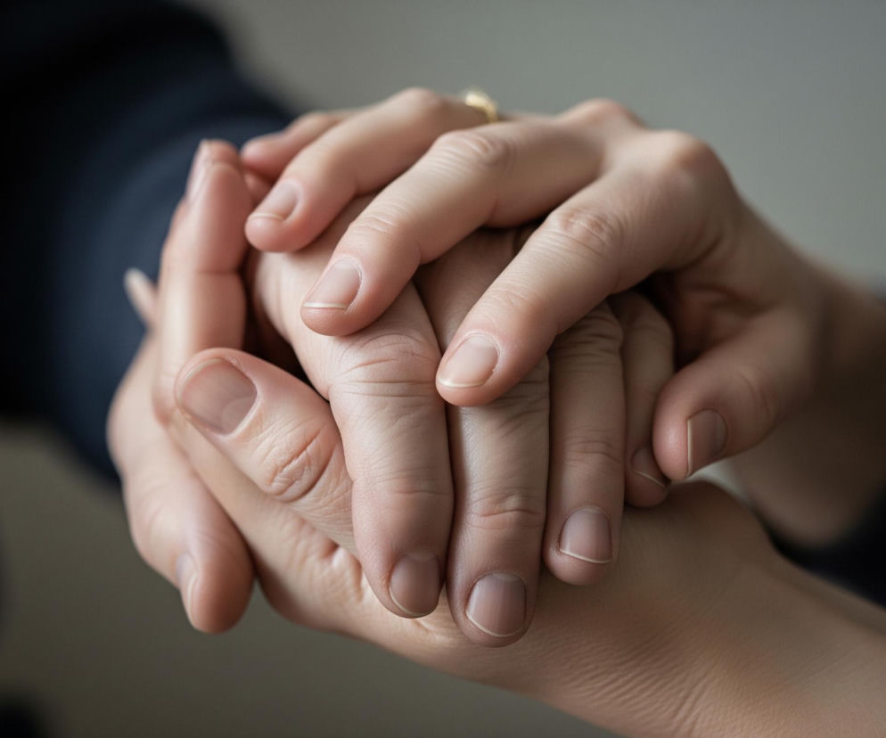 Dłoń w jasnym odcieniu skóry, z widocznymi zmarszczkami i wyraźnymi paznokciami, spoczywa na ciemniejszej, ułożonej pod nią dłoni. Dwa palce tej jaśniejszej dłoni, z krótkimi paznokciami, są delikatnie zgięte, obejmując grzbiet dolnej dłoni. Na palcu serdecznym jaśniejszej dłoni widoczny jest złoty pierścionek. Tło jest rozmyte, w górnej części dominuje jasnoszary kolor, a w dolnej ciemny, niemal granatowy odcień, prawdopodobnie fragment rękawa.