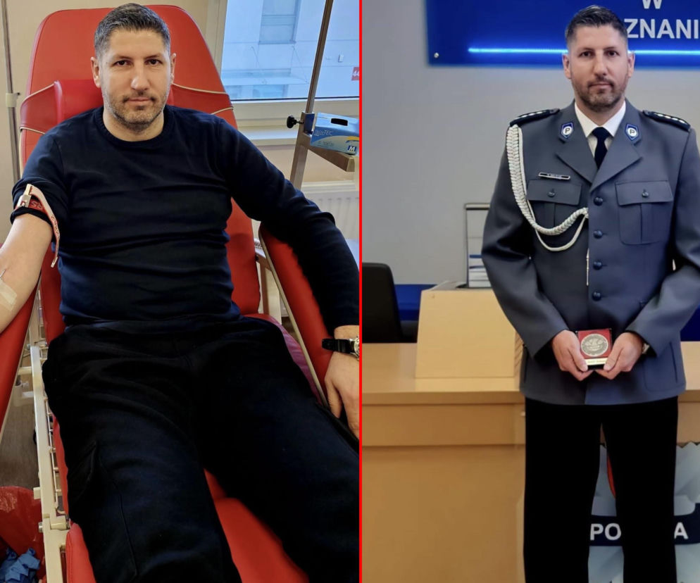 Mikołaj Gałecki oddaje krew. Obok, na drugim zdjęciu, policjant w mundurze trzyma medal. Przeczytaj o nim na SE.