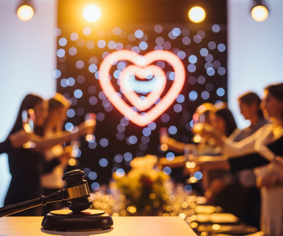 Młotek aukcyjny spoczywa na drewnianej podstawie na jasnym blacie stołu, dominując na pierwszym planie, z delikatnym cieniem po jego lewej stronie. W tle, w rozmazanym obrazie, grupa ludzi, głównie kobiet, wznosi toasty, trzymając w rękach kieliszki z napojami. Za nimi widoczna jest ciemna ściana ozdobiona licznymi, rozmytych punktami świetlnymi w odcieniach błękitu i bieli, a w jej centrum jasno świeci neonowy kontur serca, składający się z dwóch zagnieżdżonych kształtów, w ciepłym, pomarańczowym kolorze. Całość oświetlają rozproszone, ciepłe światła umieszczone w górnej części kadru, tworząc świąteczną, niewyraźną atmosferę.