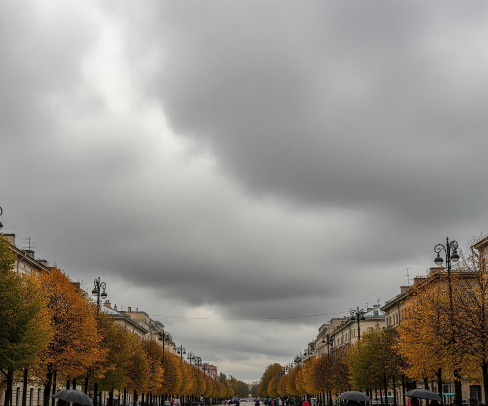 Szeroka aleja biegnie centralnie przez kadr, obramowana po obu stronach rzędami budynków i drzew z jesiennymi liśćmi. Niebo jest pokryte grubą warstwą szarych chmur, tworząc jednolity, ponury odcień. Drzewa po lewej i prawej stronie alei prezentują paletę barw od jaskrawej pomarańczy i żółci do ciemnej zieleni i brązu. Pomiędzy drzewami, w oddali, widoczne są ruchome pojazdy i sylwetki ludzi, niektórzy z otwartymi parasolkami, co sugeruje deszczową lub pochmurną pogodę.